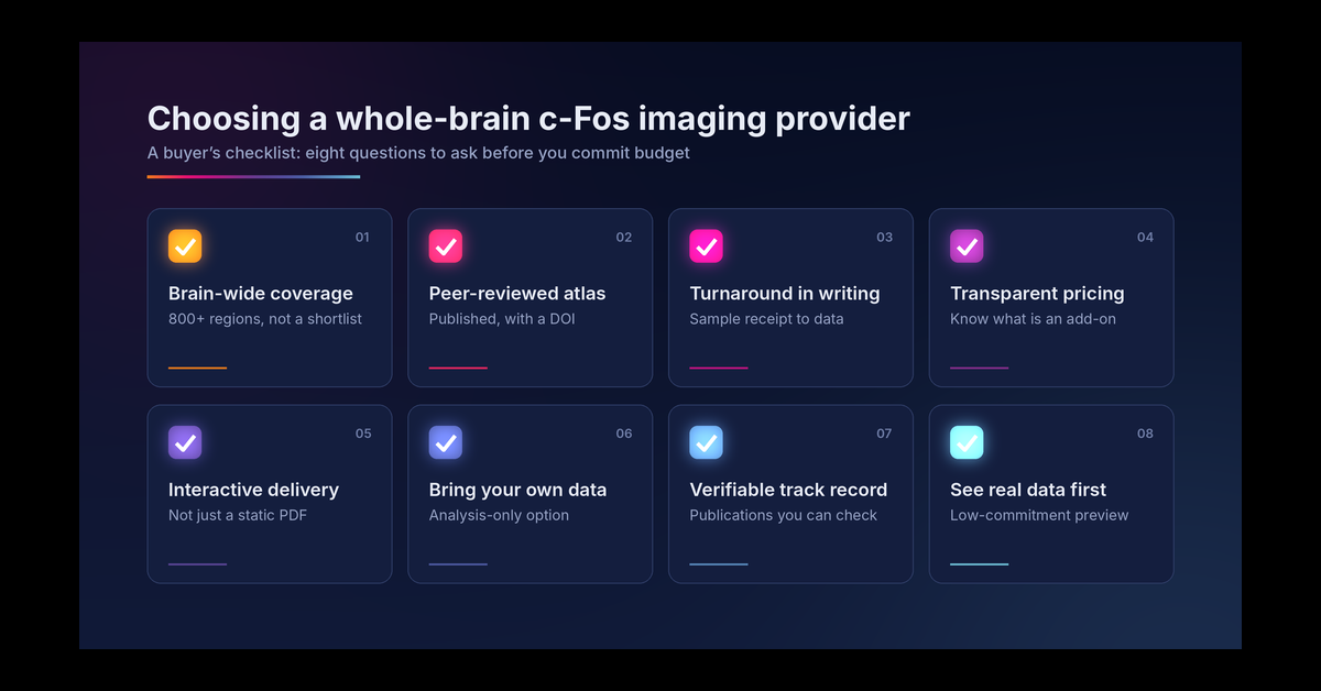 Checklist of eight questions for choosing a whole-brain c-Fos imaging provider, from brain-wide coverage to seeing real data first.